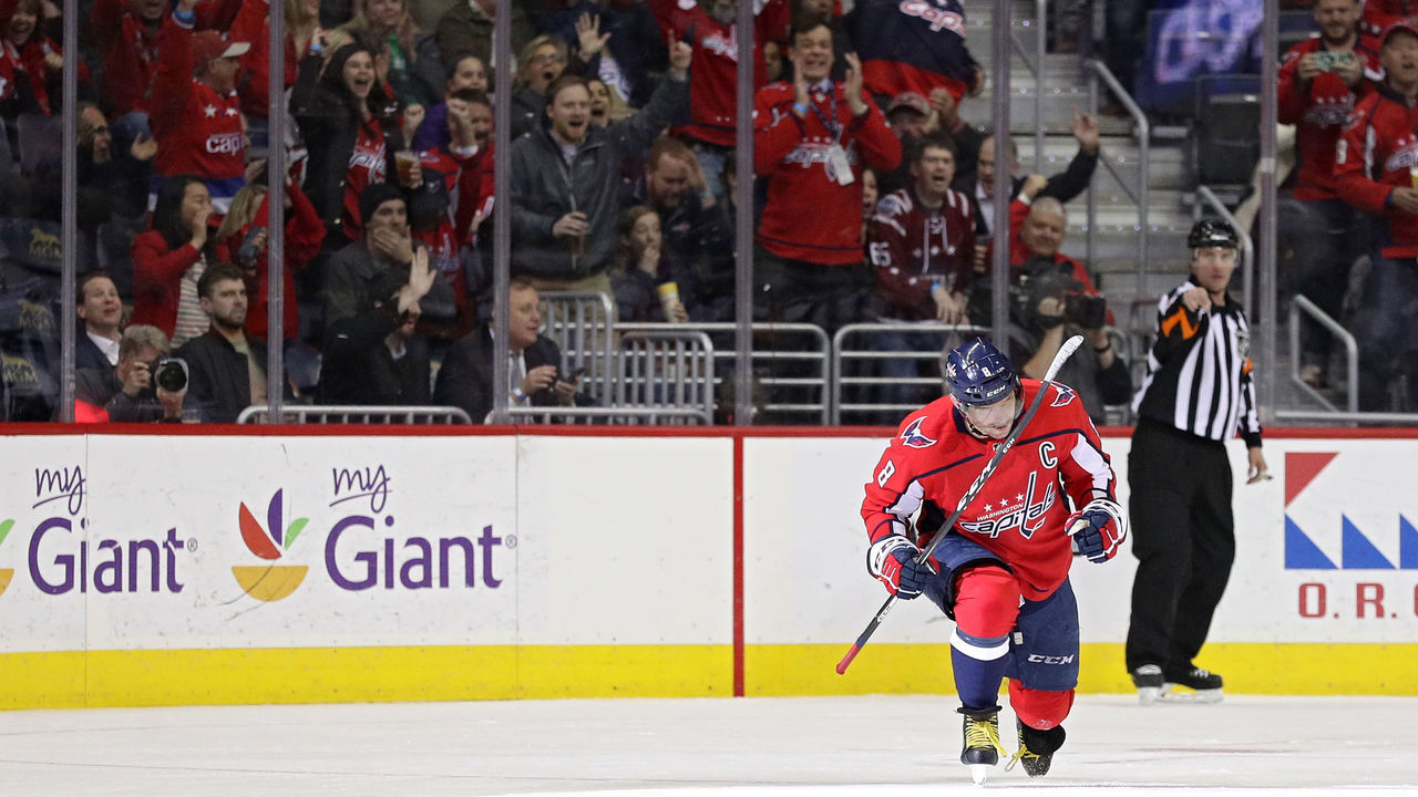 WASHINGTON, DC - MARCH 12: Alex Ovechkin #8 of the Washington Capitals celebrates after scoring his 599th career goal against the Winnipeg Jets during the first period at Capital One Arena on March 12, 2018 in Washington, DC.