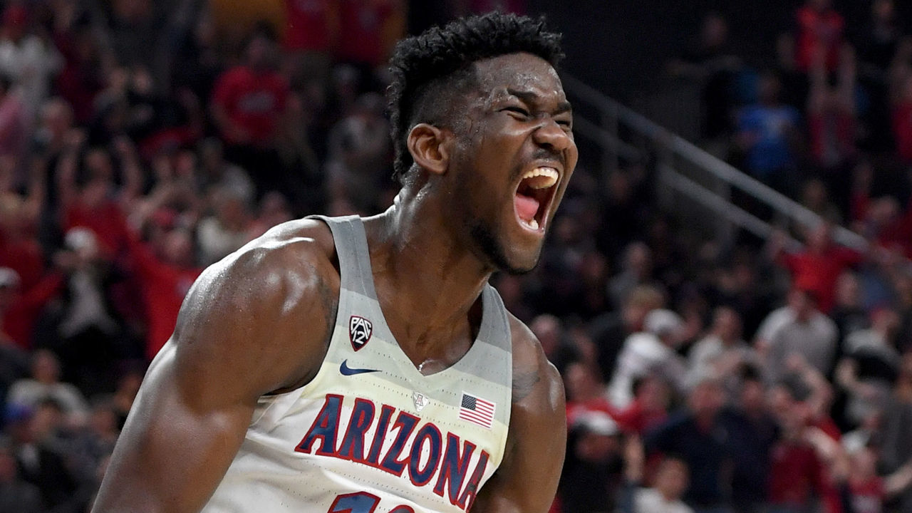 LAS VEGAS, NV - MARCH 10: Deandre Ayton #13 of the Arizona Wildcats reacts after dunking against the USC Trojans during the championship game of the Pac-12 basketball tournament at T-Mobile Arena on March 10, 2018 in Las Vegas, Nevada. The Wildcats won 75-61.