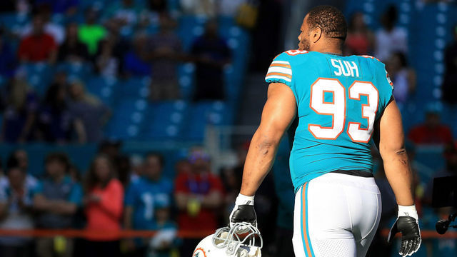 MIAMI GARDENS, FL - DECEMBER 31: Ndamukong Suh #93 of the Miami Dolphins during pregame against the Buffalo Bills at Hard Rock Stadium on December 31, 2017 in Miami Gardens, Florida.