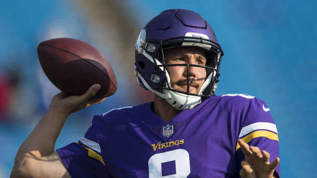 ORCHARD PARK, NY - AUGUST 10: Sam Bradford #8 of the Minnesota Vikings warms up before the preseason game against the Buffalo Bills on August 10, 2017 at New Era Field in Orchard Park, New York.