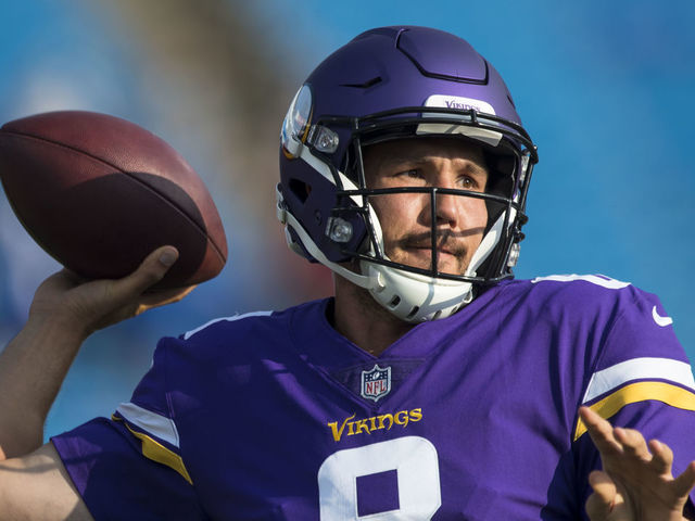 ORCHARD PARK, NY - AUGUST 10: Sam Bradford #8 of the Minnesota Vikings warms up before the preseason game against the Buffalo Bills on August 10, 2017 at New Era Field in Orchard Park, New York.
