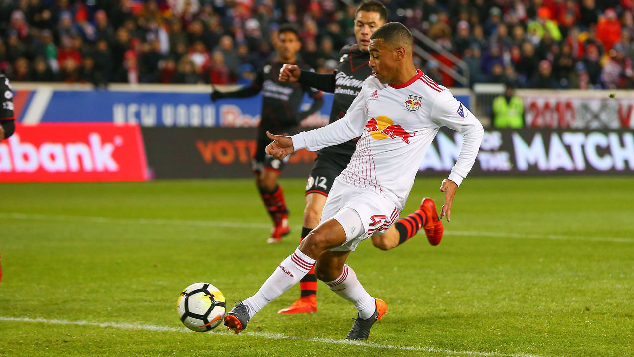 HARRISON, NJ - MARCH 13: New York Red Bulls midfielder Tyler Adams (4) scores during the first half of the CONCACAF Champions League Quarter-final match between the New York Red Bulls and Club Tijuana on March 13, 2018, at Red Bull Arena in Harrison, NJ.