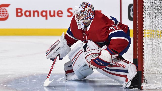 MONTREAL, QC - FEBRUARY 22: Goaltender Antti Niemi #37 of the Montreal Canadiens protects his net during the warm-up against the New York Rangers prior to the NHL game at the Bell Centre on February 22, 2018 in Montreal, Quebec, Canada. The Montreal Canadiens defeated the New York Rangers 3-1.