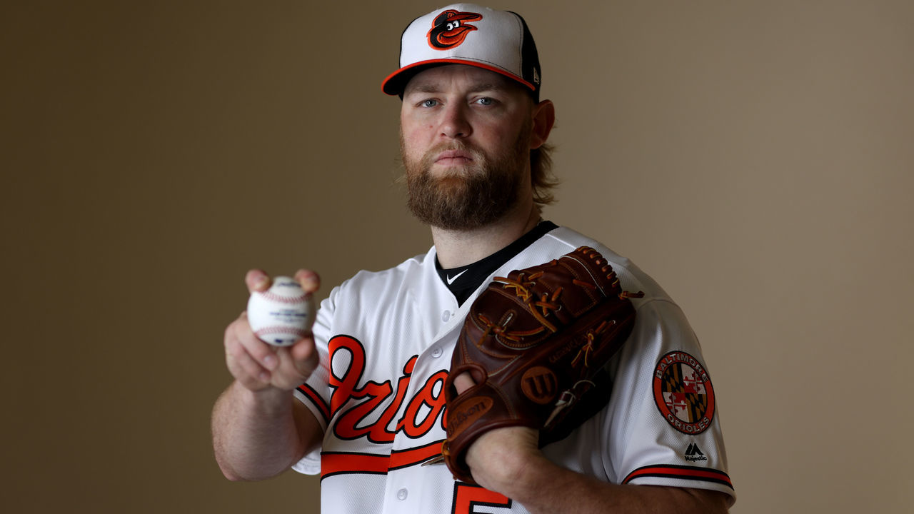 SARASOTA, FL - FEBRUARY 20: Pitcher Andrew Cashner #54 of the Baltimore Orioles poses for a photo during photo days at Ed Smith Stadium on February 20, 2018 in Sarasota, FL.