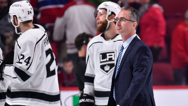 MONTREAL, QC - OCTOBER 26: Head coach of the Los Angeles Kings John Stevens walks past his team celebrating against the Montreal Canadiens during the NHL game at the Bell Centre on October 26, 2017 in Montreal, Quebec, Canada. The Los Angeles Kings defeated the Montreal Canadiens 4-0.