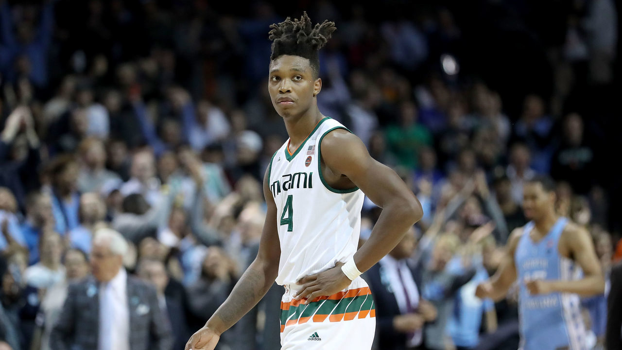 NEW YORK, NY - MARCH 08: Lonnie Walker IV #4 of the Miami (Fl) Hurricanes reacts in the second half against the North Carolina Tar Heels during the quarterfinals of the ACC Men's Basketball Tournament at Barclays Center on March 8, 2018 in the Brooklyn borough of New York City.