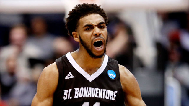 DAYTON, OH - MARCH 13: Courtney Stockard #11 of the St. Bonaventure Bonnies celebrates the basket against the UCLA Bruins during the second half of the First Four game in the 2018 NCAA Men's Basketball Tournament at UD Arena on March 13, 2018 in Dayton, Ohio.