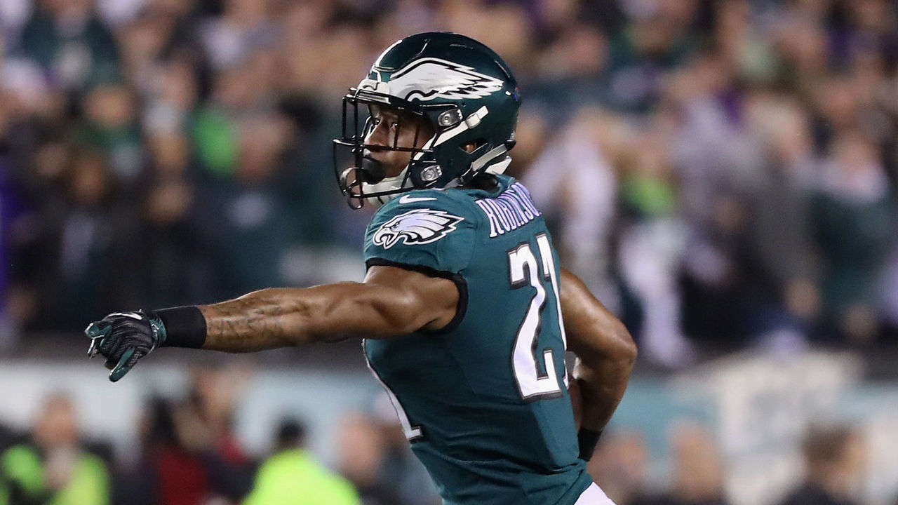 PHILADELPHIA, PA - JANUARY 21: Patrick Robinson #21 of the Philadelphia Eagles returns an interception for a touchdown during the first quarter against the Minnesota Vikings in the NFC Championship game at Lincoln Financial Field on January 21, 2018 in Philadelphia, Pennsylvania.