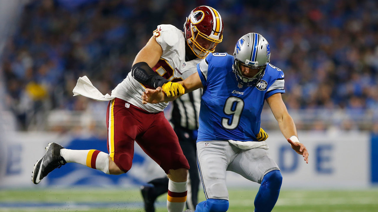 DETROIT, MI - OCTOBER 23: Matthew Stafford #9 of the Detroit Lions has the ball stripped by Trent Murphy #93 of the Washington Redskins at Ford Field on October 23, 2016 in Detroit, Michigan Detroit won the game 20-17.