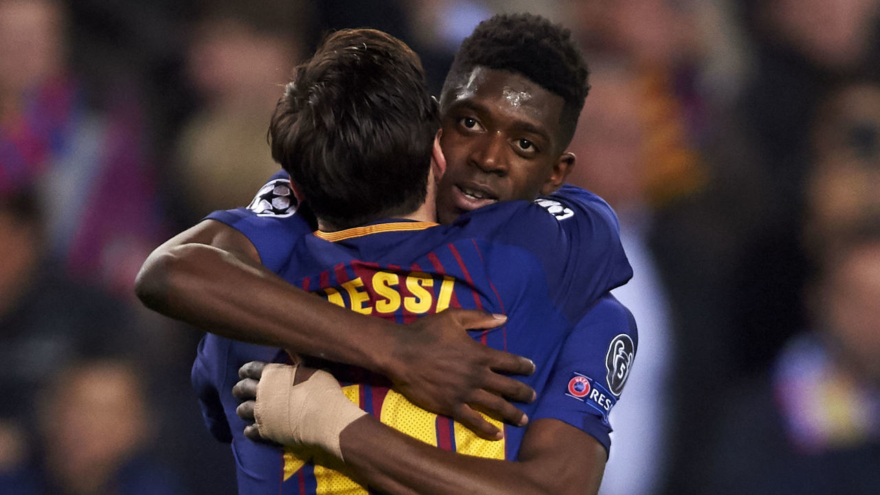 BARCELONA, SPAIN - MARCH 14: Ousmane Dembele of FC Barcelona celebrates after scoring his team's second goal with Lionel Messi of FC Barcelona during the UEFA Champions League Round of 16 Second Leg match between FC Barcelona and Chelsea FC at Camp Nou on March 14, 2018 in Barcelona, Spain.