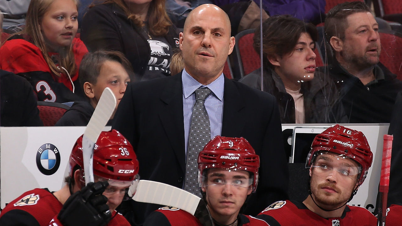 GLENDALE, AZ - NOVEMBER 22: Head coach Rick Tocchet of the Arizona Coyotes watches from the bench during the third period of the NHL game against the San Jose Sharks at Gila River Arena on November 22, 2017 in Glendale, Arizona. The Sharks defeated the Coyotes 3-1.