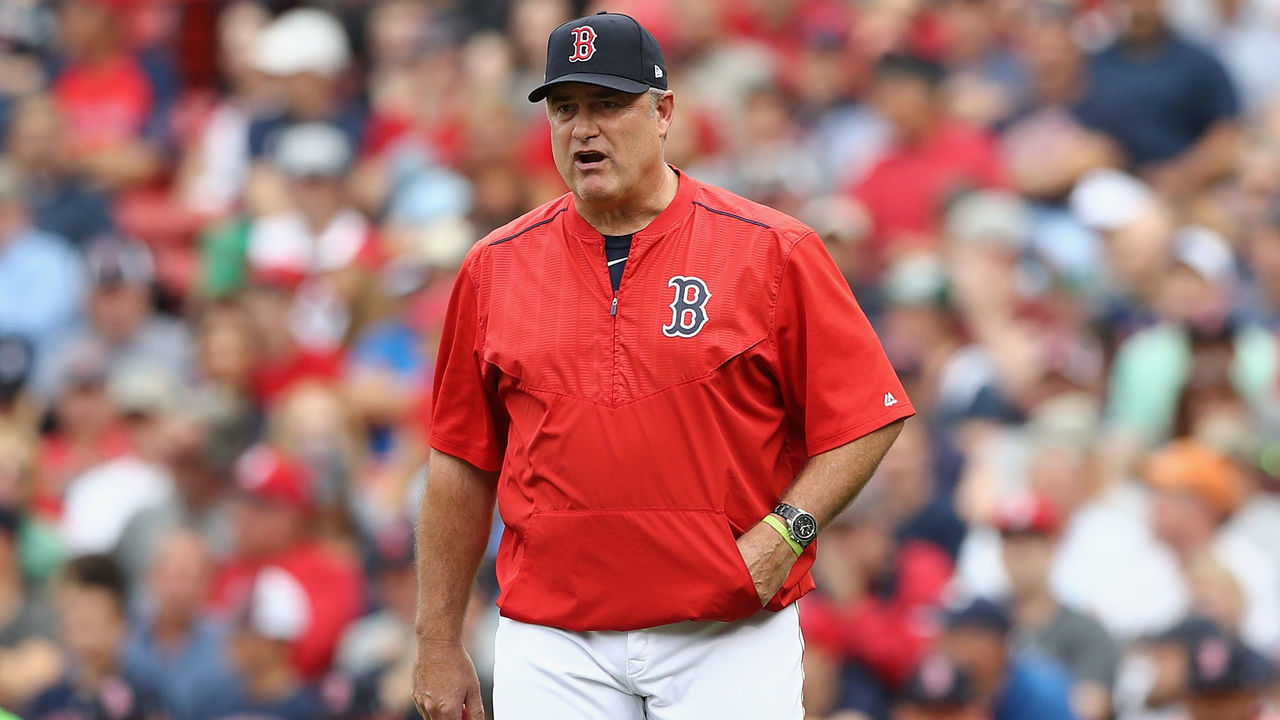 BOSTON, MA - OCTOBER 08: Manager John Farrell of the Boston Red Sox relieves Doug Fister #38 (not pictured) in the second inning against the Houston Astros during game three of the American League Division Series at Fenway Park on October 8, 2017 in Boston, Massachusetts.
