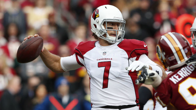 LANDOVER, MD - DECEMBER 17: Quarterback Blaine Gabbert #7 of the Arizona Cardinals throws the ball in the first quarter against the Washington Redskins at FedEx Field on December 17, 2017 in Landover, Maryland.