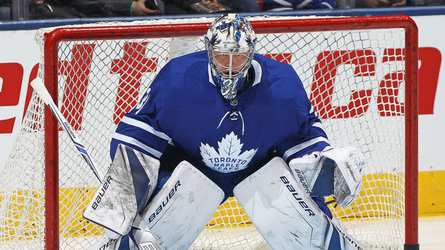 TORONTON, ON - JANUARY 6: Frederik Andersen #31 of the Toronto Maple Leafs gets set to face a shot during the warm-up prior to playing against the Vancouver Canucks in an NHL game at the Air Canada Centre on January 6, 2018 in Toronto, Ontario, Canada. The Maple Leafs defeated the Canucks 3-2 in an overtime shoot-out.