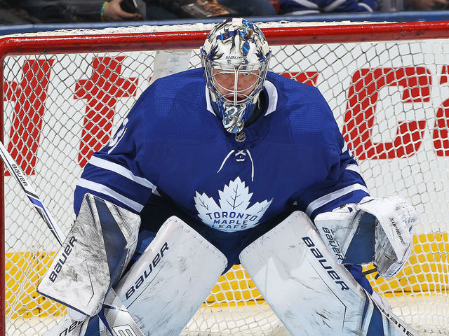 TORONTON, ON - JANUARY 6: Frederik Andersen #31 of the Toronto Maple Leafs gets set to face a shot during the warm-up prior to playing against the Vancouver Canucks in an NHL game at the Air Canada Centre on January 6, 2018 in Toronto, Ontario, Canada. The Maple Leafs defeated the Canucks 3-2 in an overtime shoot-out.
