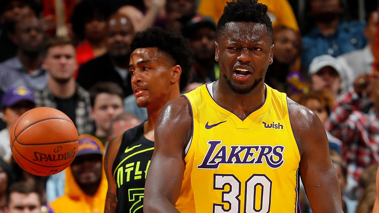 ATLANTA, GA - FEBRUARY 26: Julius Randle #30 of the Los Angeles Lakers reacts after drawing a foul on a basket against the Atlanta Hawks at Philips Arena on February 26, 2018 in Atlanta, Georgia.