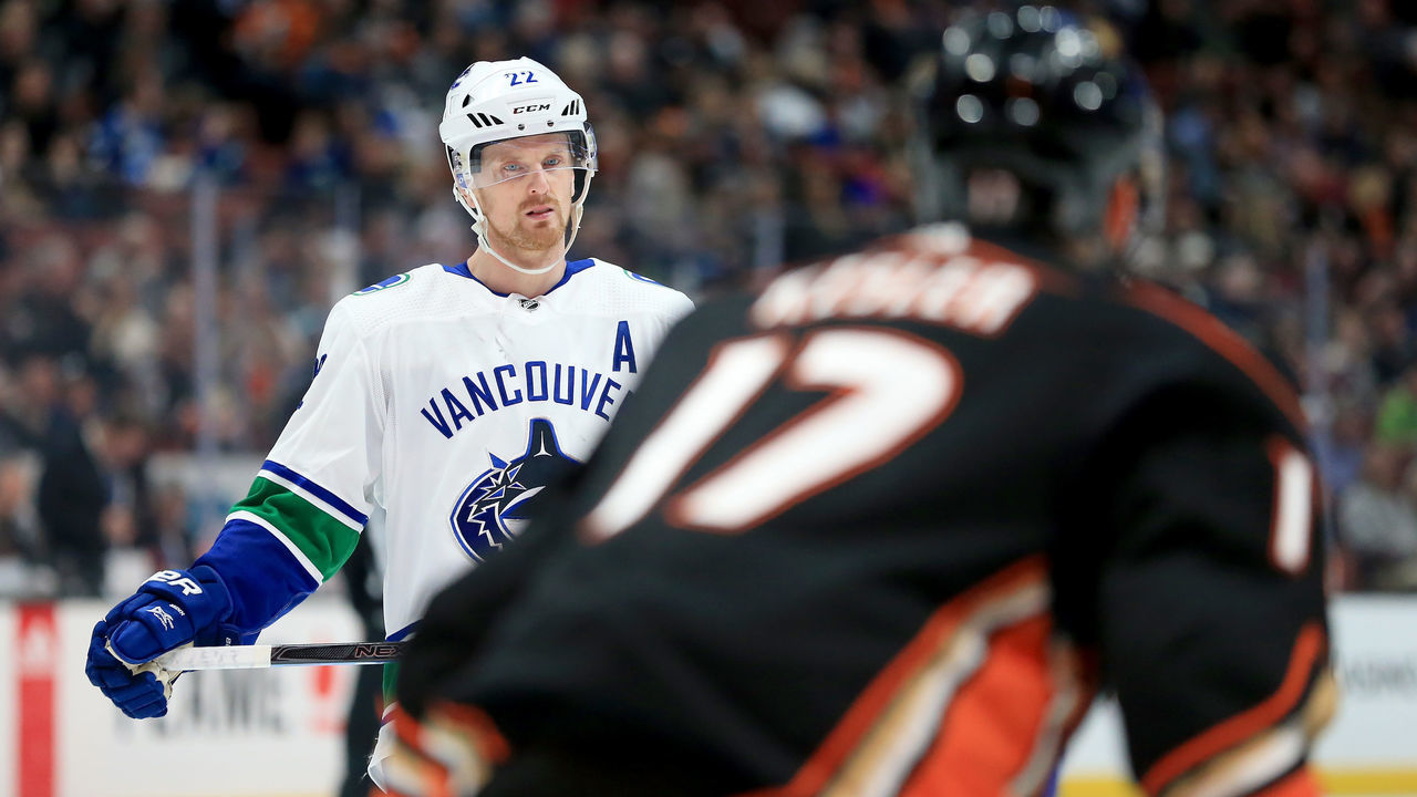 ANAHEIM, CA - MARCH 14: Daniel Sedin #22 of the Vancouver Canucks looks on during the second period of a game against the Anaheim Ducks at Honda Center on March 14, 2018 in Anaheim, California.