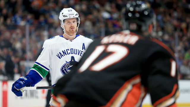 ANAHEIM, CA - MARCH 14: Daniel Sedin #22 of the Vancouver Canucks looks on during the second period of a game against the Anaheim Ducks at Honda Center on March 14, 2018 in Anaheim, California.