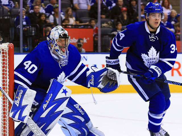 TORONTO, CANADA - OCTOBER 02: Garret Sparks #40 and Auston Matthews #34 of the Toronto Maple Leafs watch for the puck during an NHL preseason game against the Montreal Canadiens at Air Canada Centre on October 2, 2016 in Toronto, Canada.