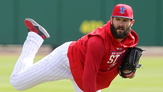 CLEARWATER, FL - MARCH 13: Jake Arrieta of the Phillies warms up with his team mates before the spring training game between the Tampa Bay Rays and the Philadelphia Phillies on March 13, 2018, at Spectrum Field in Clearwater, FL.