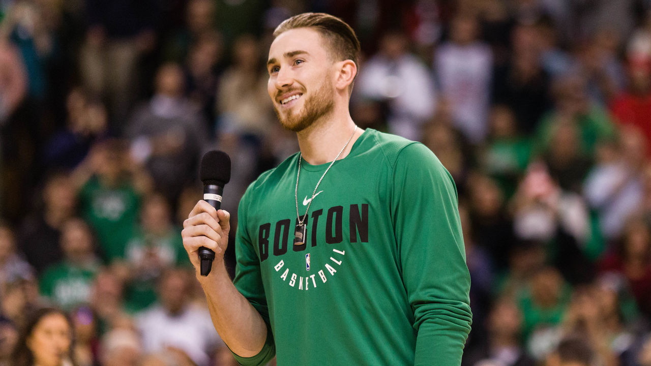 BOSTON, MA - DECEMBER 25: Gordon Hayward #20 of the Boston Celtics addresses the crowd before the game between Boston Celtics and the Washington Wizards at TD Garden on December 25, 2017 in Boston, Massachusetts.