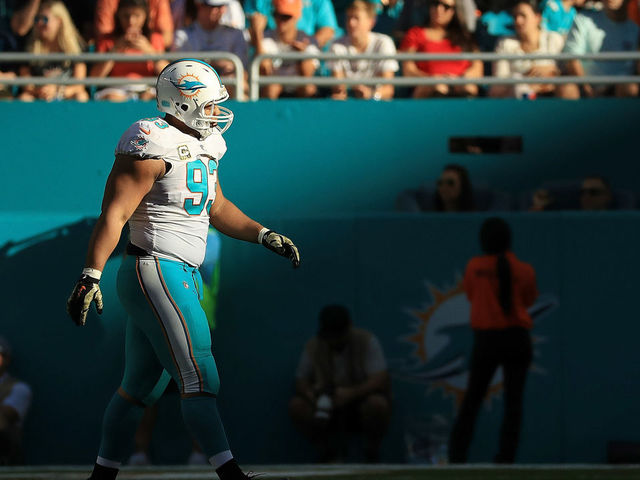 MIAMI GARDENS, FL - NOVEMBER 19: Ndamukong Suh #93 of the Miami Dolphins during the fourth quarter against the Tampa Bay Buccaneers at Hard Rock Stadium on November 19, 2017 in Miami Gardens, Florida.