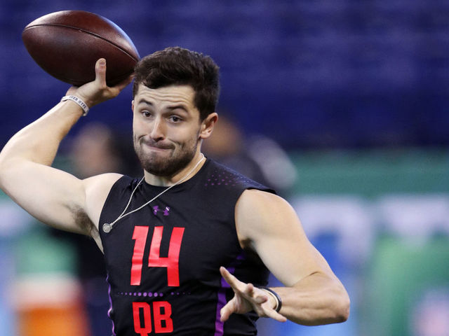 INDIANAPOLIS, IN - MARCH 03: Oklahoma quarterback Baker Mayfield throws during the NFL Combine at Lucas Oil Stadium on March 3, 2018 in Indianapolis, Indiana.