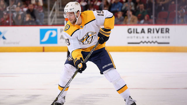 GLENDALE, AZ - JANUARY 04: Calle Jarnkrok #19 of the Nashville Predators skates with the puck during the third period of the NHL game against the Arizona Coyotes at Gila River Arena on January 4, 2018 in Glendale, Arizona. The Coyotes defeated the Predators 3-2 in overtime.
