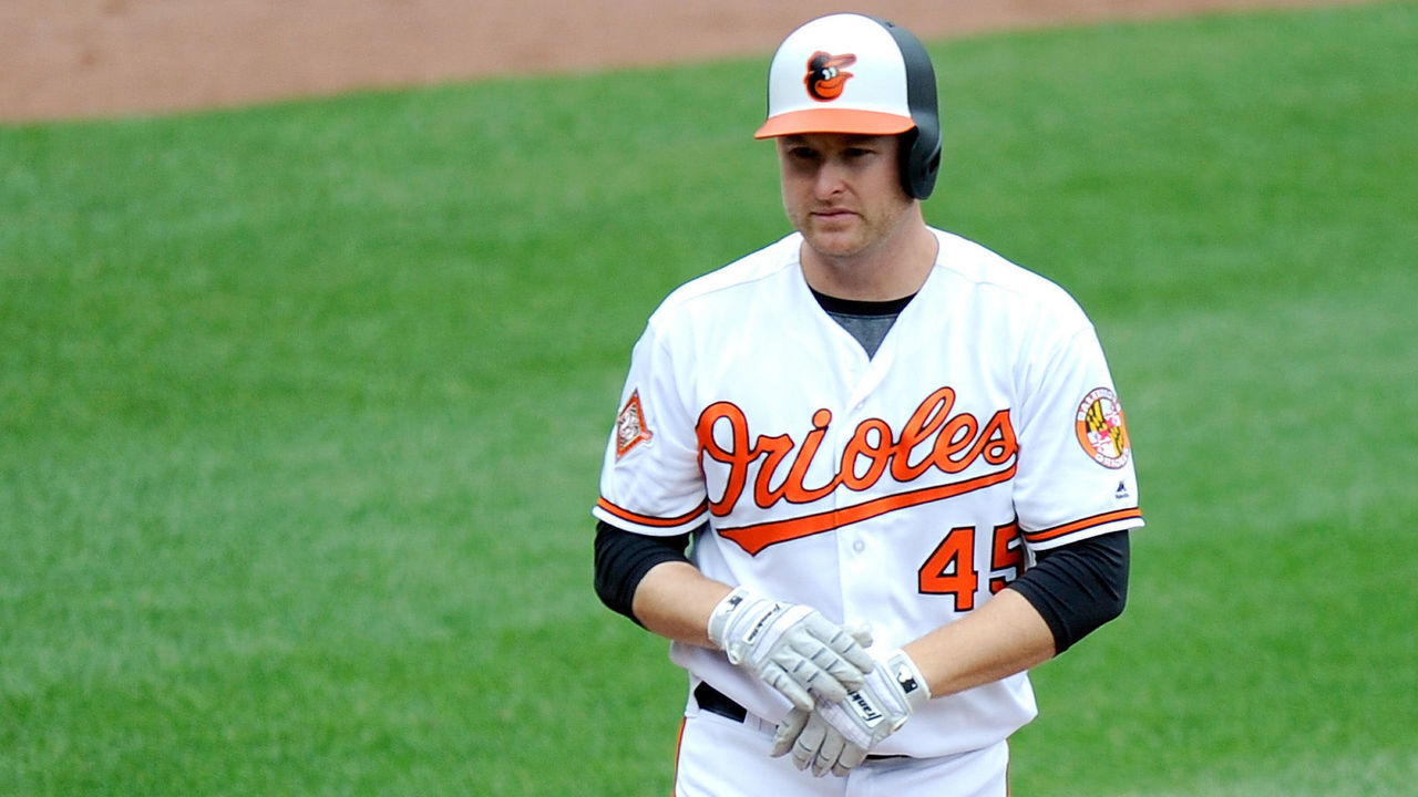 BALTIMORE, MD - MAY 21: Mark Trumbo #45 of the Baltimore Orioles flips his bat after striking out in the sixth inning against the Toronto Blue Jays at Oriole Park at Camden Yards on May 21, 2017 in Baltimore, Maryland.