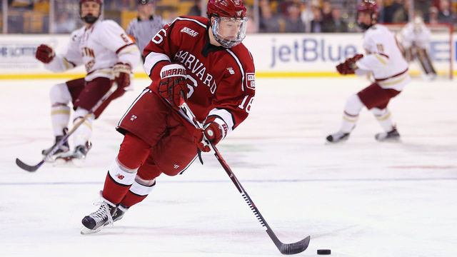 BOSTON, MA - FEBRUARY 01: Ryan Donato #16 of the Harvard Crimson skates against the Boston College Eagles during the first period at TD Garden on February 1, 2016 in Boston, Massachusetts.