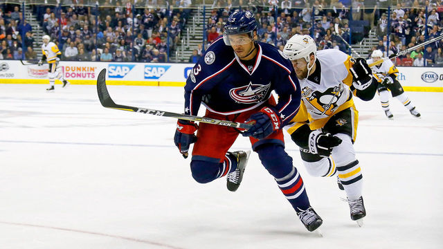 COLUMBUS, OH - APRIL 18: Seth Jones #3 of the Columbus Blue Jackets and Bryan Rust #17 of the Pittsburgh Penguins chase after the puck in Game Four of the Eastern Conference First Round during the 2017 NHL Stanley Cup Playoffs on April 18, 2017 at Nationwide Arena in Columbus, Ohio.