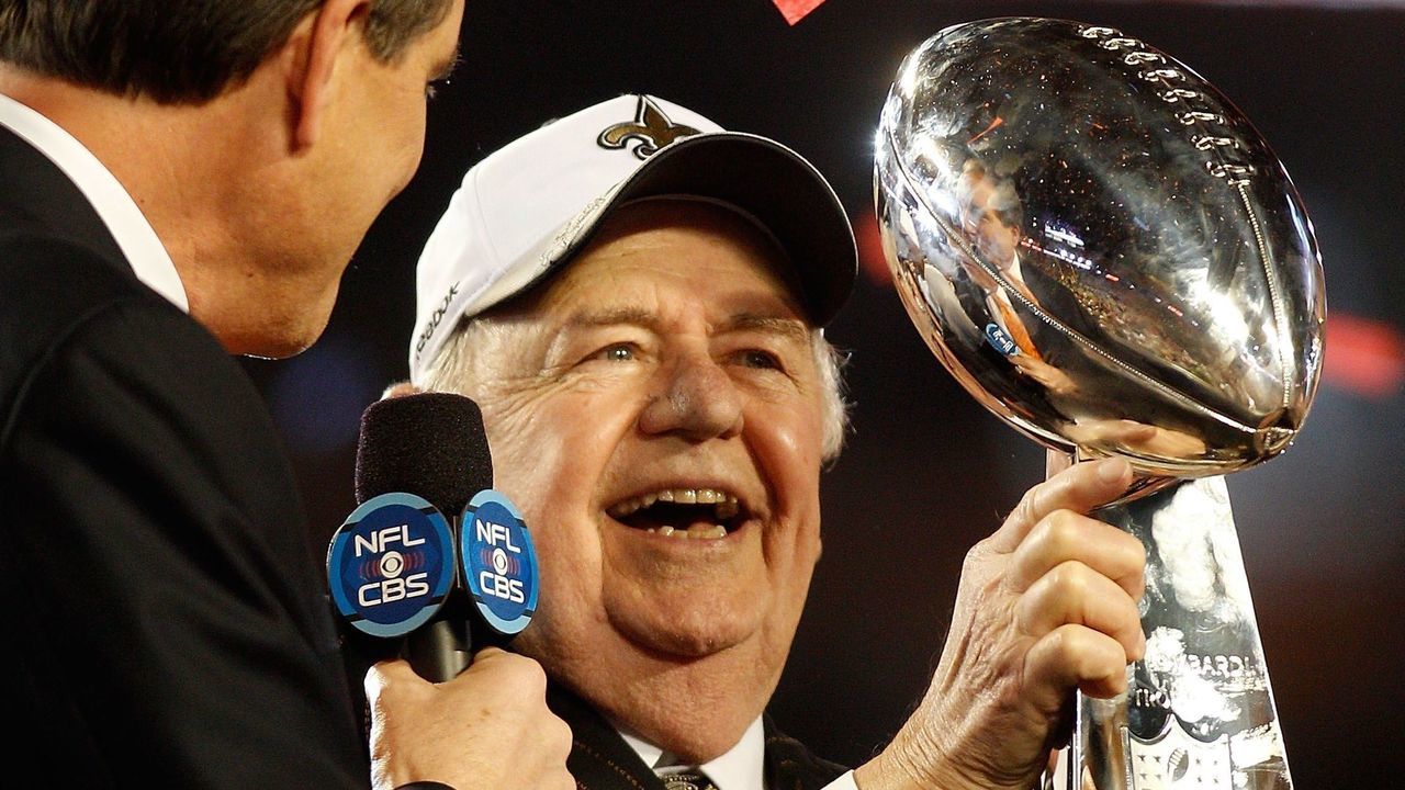 MIAMI GARDENS, FL - FEBRUARY 07: New Orleans Saints owner Tom Benson celebrates after his team defeated the Indianapolis Colts during Super Bowl XLIV on February 7, 2010 at Sun Life Stadium in Miami Gardens, Florida.
