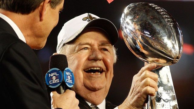 MIAMI GARDENS, FL - FEBRUARY 07: New Orleans Saints owner Tom Benson celebrates after his team defeated the Indianapolis Colts during Super Bowl XLIV on February 7, 2010 at Sun Life Stadium in Miami Gardens, Florida.
