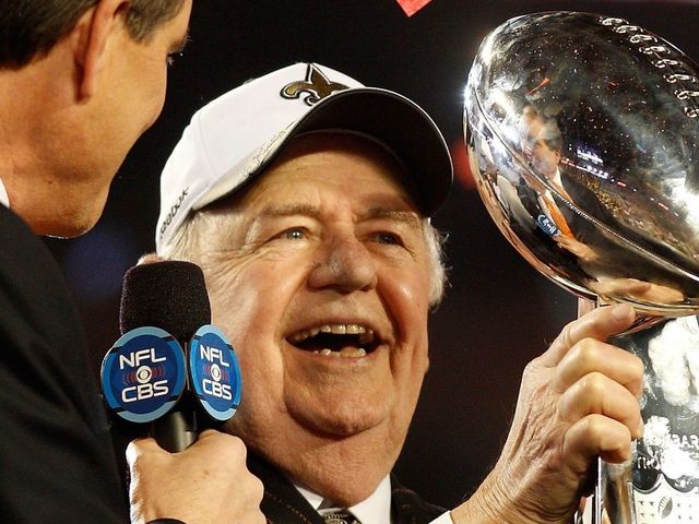 MIAMI GARDENS, FL - FEBRUARY 07: New Orleans Saints owner Tom Benson celebrates after his team defeated the Indianapolis Colts during Super Bowl XLIV on February 7, 2010 at Sun Life Stadium in Miami Gardens, Florida.