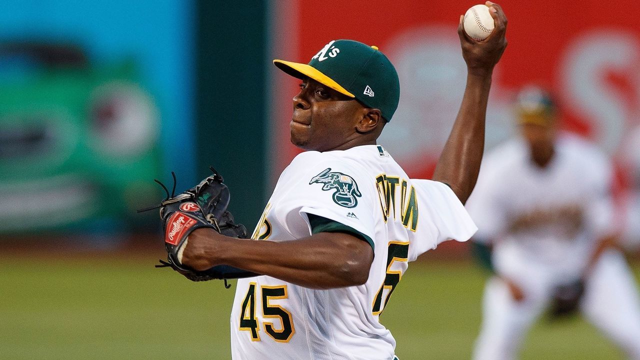OAKLAND, CA - SEPTEMBER 08: Jharel Cotton #45 of the Oakland Athletics pitches against the Houston Astros during the first inning at the Oakland Coliseum on September 8, 2017 in Oakland, California.