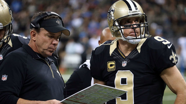 NEW ORLEANS, LA - DECEMBER 21: Head coach Sean Payton of the New Orleans Saints speaks with Drew Brees #9 during the fourth quarter of a game against the Detroit Lions at the Mercedes-Benz Superdome on December 21, 2015 in New Orleans, Louisiana.