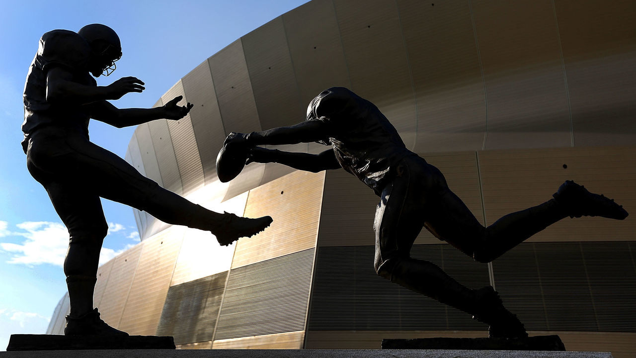 NEW ORLEANS, LA - SEPTEMBER 26: A statue titled 'Rebirth,' which depicts former New Orleans Saint Steve Gleason blocking a punt against the Atlanta Falcons during the first football game after the Superdome re-opened after Hurricane Katrina, is seen before a game between the New Orleans Saints and the Atlanta Falcons at Mercedes-Benz Superdome on September 26, 2016 in New Orleans, Louisiana.