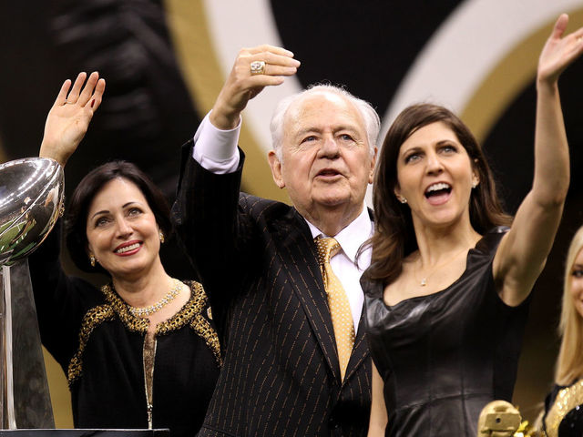 NEW ORLEANS - SEPTEMBER 09: Team Owner of the New Orleans Saints Tom Benson, his wife Gayle and his daughter Rita Benson Leblanc wave to the fans as they ride a float, displaying the VInce Lombardi trophy, out onto the field prior to the Saints playing against the Minnesota Vikings at Louisiana Superdome on September 9, 2010 in New Orleans, Louisiana.