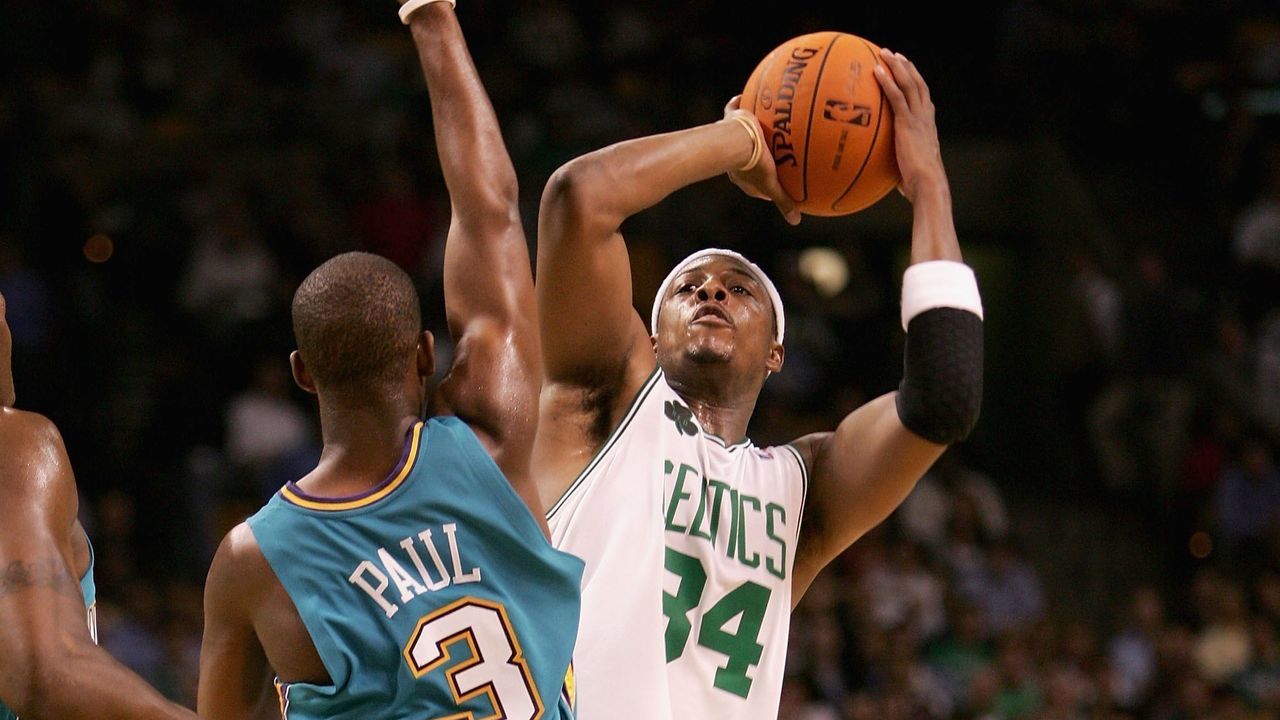 BOSTON - NOVEMBER 1: Paul Pierce #34 of the Boston Celtics shoots over Chris Paul #3 of the New Orleans/Oklahoma City Hornets during the game on November 1, 2006 at the TD Banknorth Garden in Boston, Massachusetts. The Hornets won 91-87.