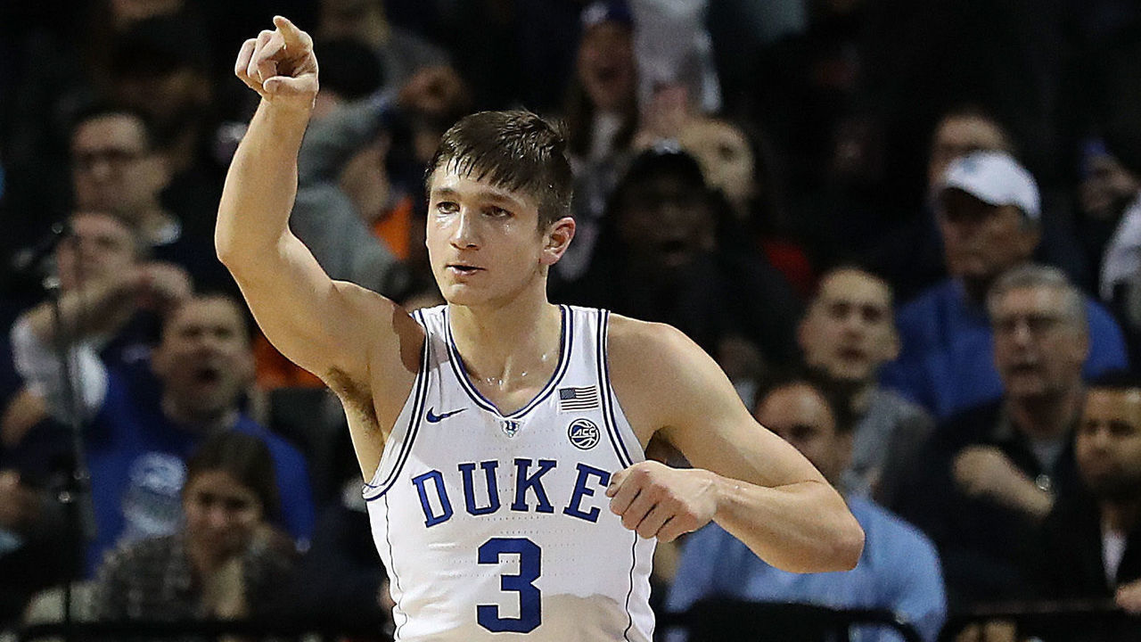 NEW YORK, NY - MARCH 09: Grayson Allen #3 of the Duke Blue Devils celebrates a three pointer against the North Carolina Tar Heels during the semifinals of the ACC Men's Basketball Tournament at the Barclays Center on March 9, 2018 in New York City.