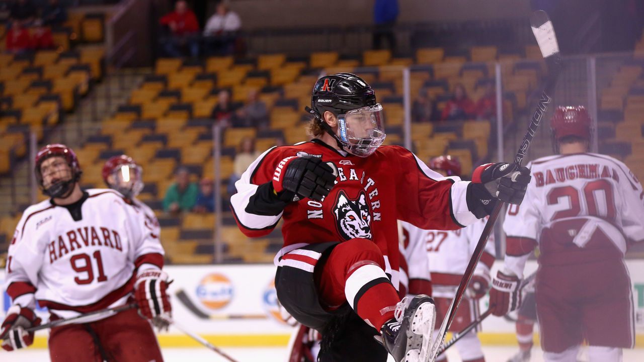 BOSTON, MA - FEBRUARY 08: Adam Gaudette #8 of Northeastern University reacts after scoring a goal against Harvard University during the first period of the Beanpot Tournament consolation game at TD Garden on February 8, 2016 in Boston, Massachusetts.