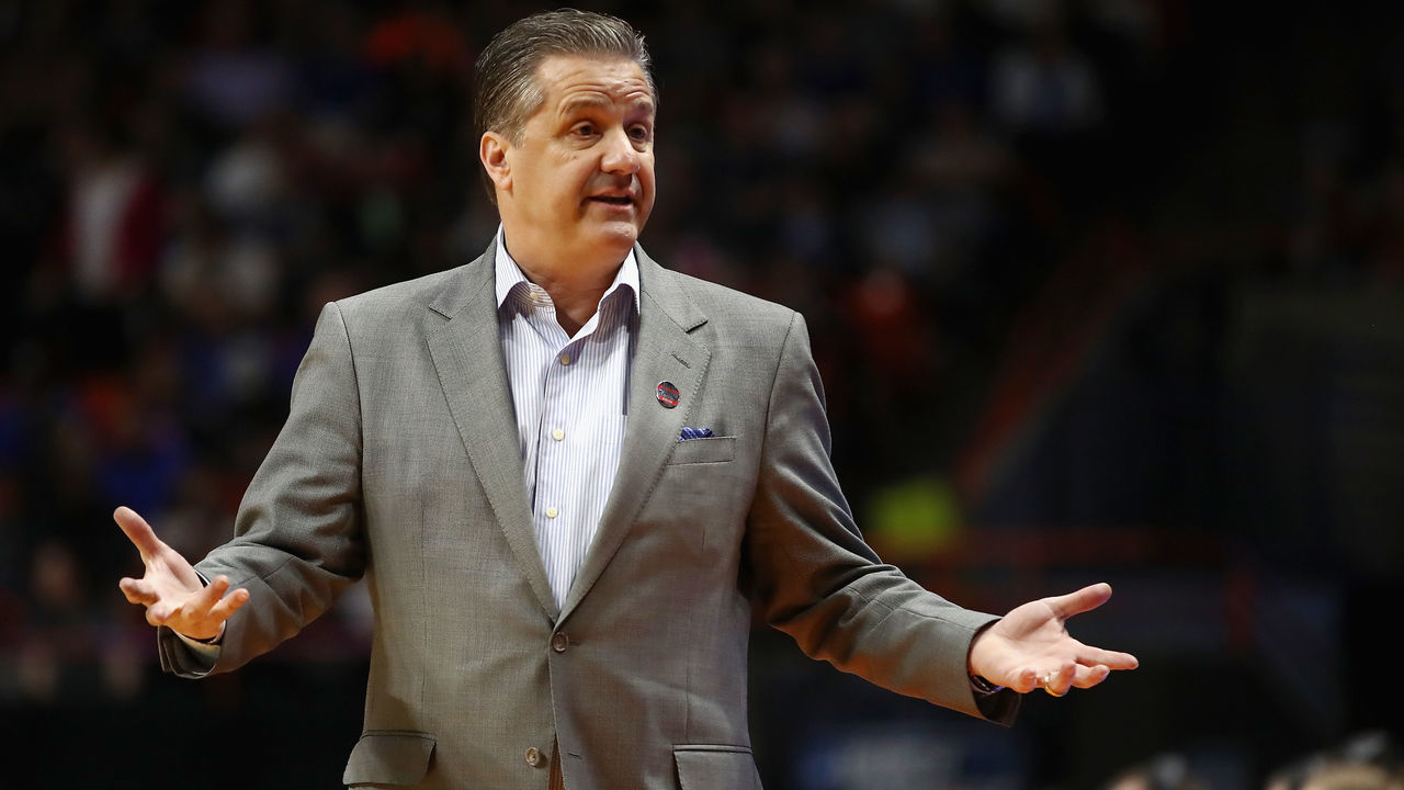 BOISE, ID - MARCH 15: Head coach John Calipari of the Kentucky Wildcats reacts in the first half against the Davidson Wildcats during the first round of the 2018 NCAA Men's Basketball Tournament at Taco Bell Arena on March 15, 2018 in Boise, Idaho.