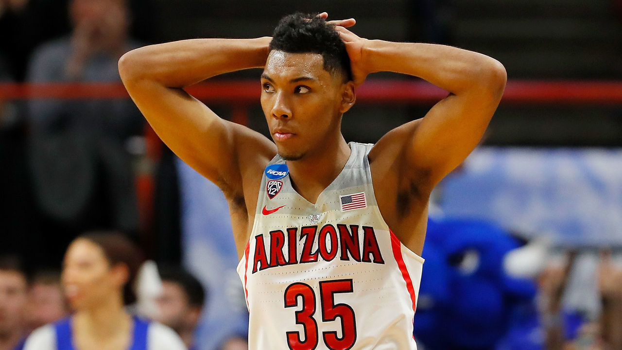 BOISE, ID - MARCH 15: Allonzo Trier #35 of the Arizona Wildcats reacts after missing a basket against the Buffalo Bulls during the first round of the 2018 NCAA Men's Basketball Tournament at Taco Bell Arena on March 15, 2018 in Boise, Idaho.