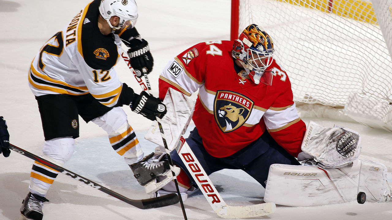 SUNRISE, FL - MARCH 15: Goaltender James Reimer #34 of the Florida Panthers defends the net against Brian Gionta #12 of the Boston Bruins at the BB&T Center on March 15, 2018 in Sunrise, Florida.
