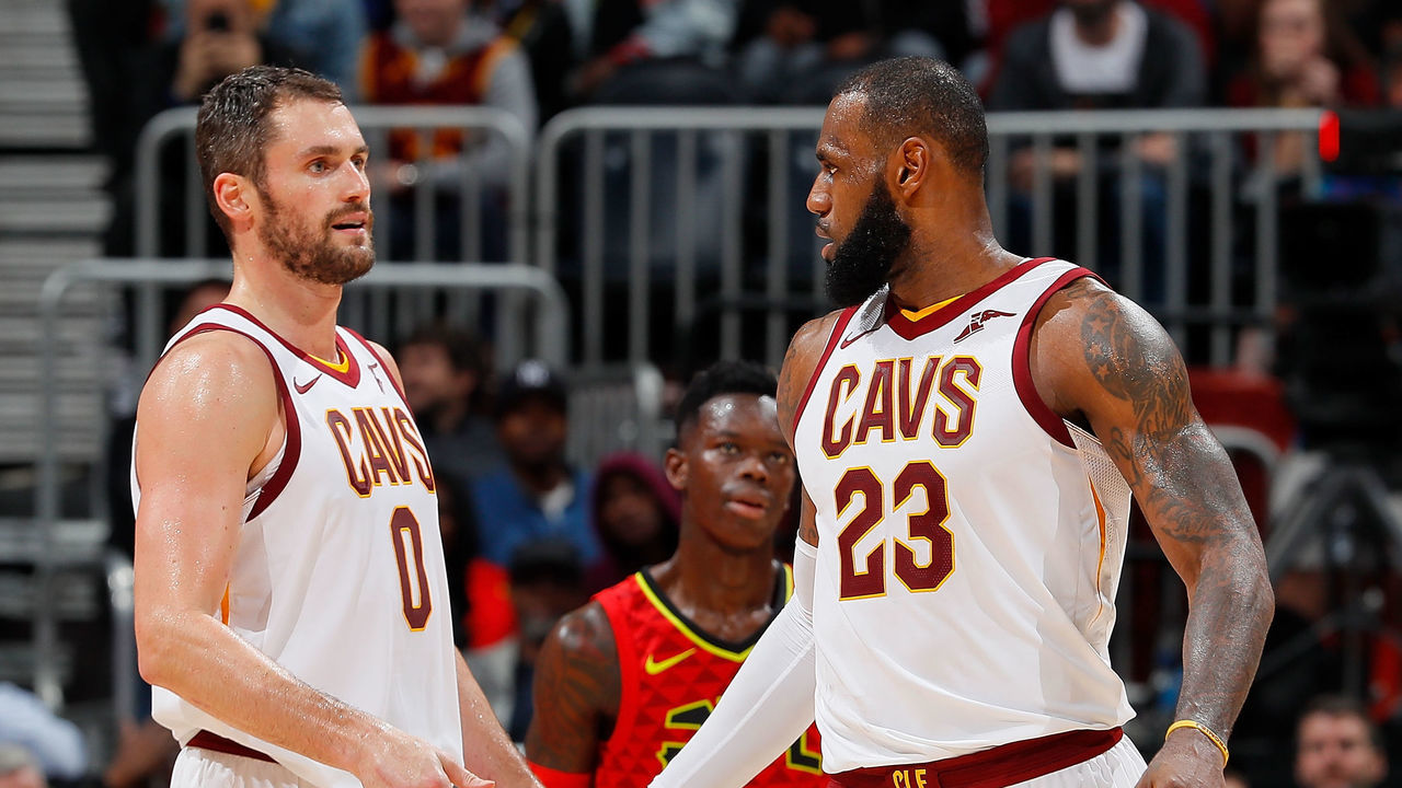 ATLANTA, GA - NOVEMBER 30: LeBron James #23 of the Cleveland Cavaliers reacts with Kevin Love #0 after drawing a foul against the Atlanta Hawks at Philips Arena on November 30, 2017 in Atlanta, Georgia.