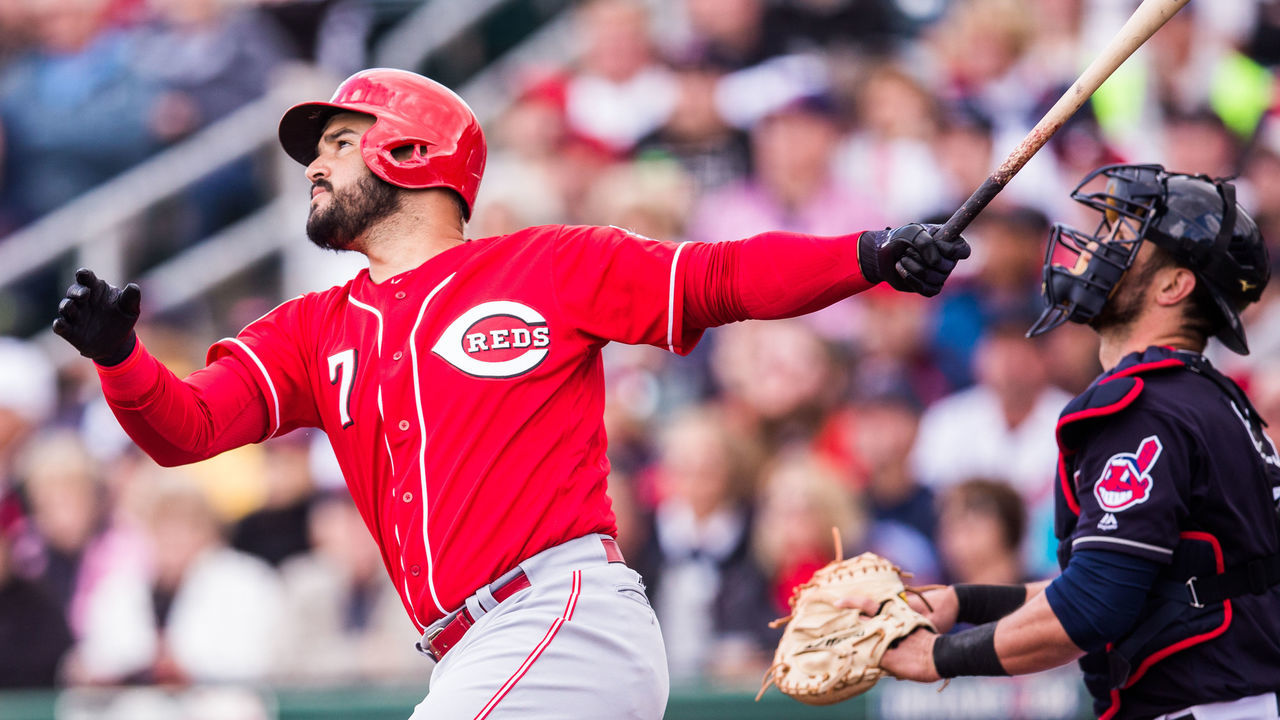 GOODYEAR, AZ - FEBRUARY 23: Eugenio Suarez #7 of the Cincinnati Reds bats against the Cleveland Indians during a Spring Training Game at Goodyear Ballpark on February 23, 2018 in Goodyear, Arizona.