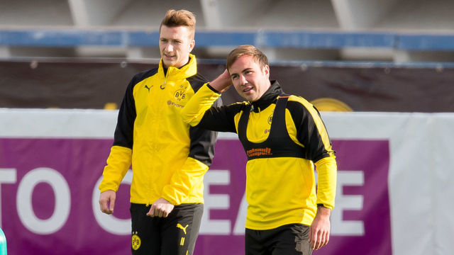 MARBELLA, SPAIN - JANUARY 07: Marco Reus of Dortmund and Mario Goetze of Dortmund look on during the Borussia Dortmund training camp at Marbella Football Center on January 07, 2018 in Marbella, Spain.