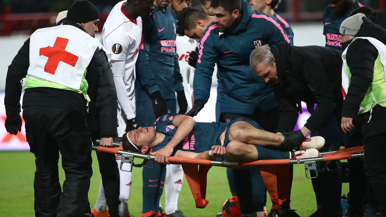 MOSCOW, RUSSIA - MARCH 15, 2018: Atletico Madrid's Felipe Luis injured in the 2017-2018 UEFA Europa League Round of 16 second leg football match against Lokomotiv Moscow at RZD Arena (Lokomotiv Stadium). Valery Sharifulin/TASS