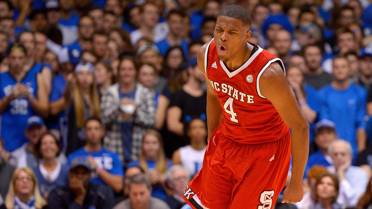 DURHAM, NC - JANUARY 23: Dennis Smith Jr. #4 of the North Carolina State Wolfpack reacts during their win against the Duke Blue Devils at Cameron Indoor Stadium on January 23, 2017 in Durham, North Carolina.