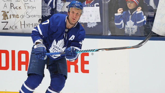 TORONTO,ON - JANUARY 16: Leo Komarov #47 of the Toronto Maple Leafs skates during the warm-up prior to playing against the St.Louis Blues in an NHL game at the Air Canada Centre on January 16, 2018 in Toronto, Ontario, Canada. The Blues defeated the Maple Leafs 2-1 in overtime.